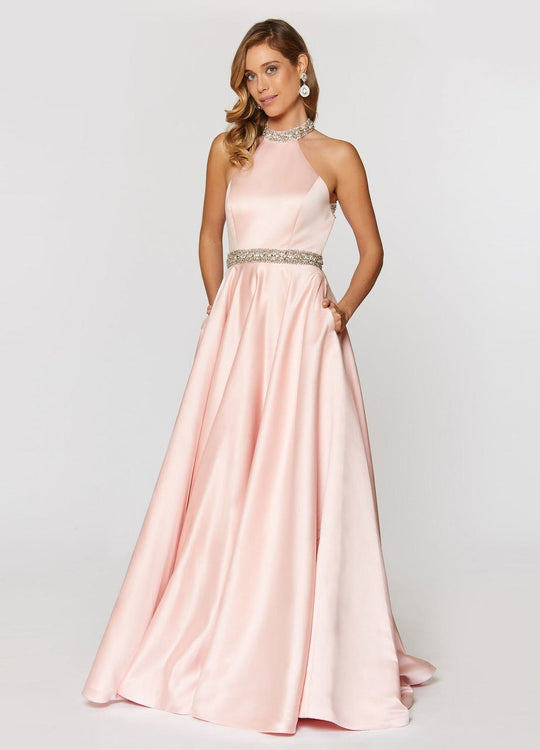 Ashley Lauren - 1208 Beaded High Halter Ballgown in Pink