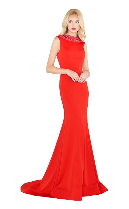 Mac Duggal Black White Red - 12094R Beaded Rolled Collar Jersey Gown In Red