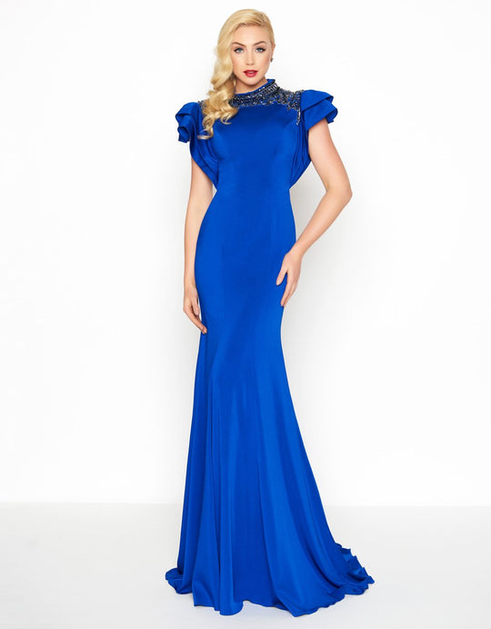Mac Duggal - 12097R Beaded High Neck Fitted Dress With Train in Blue