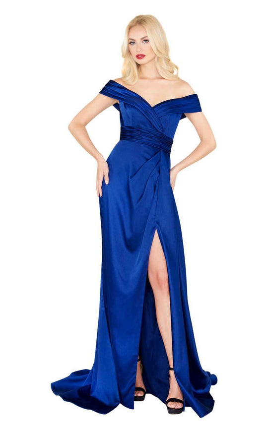 Mac Duggal Black White Red - 12099R Ruched Off-Shoulder Gown with Slit in Blue