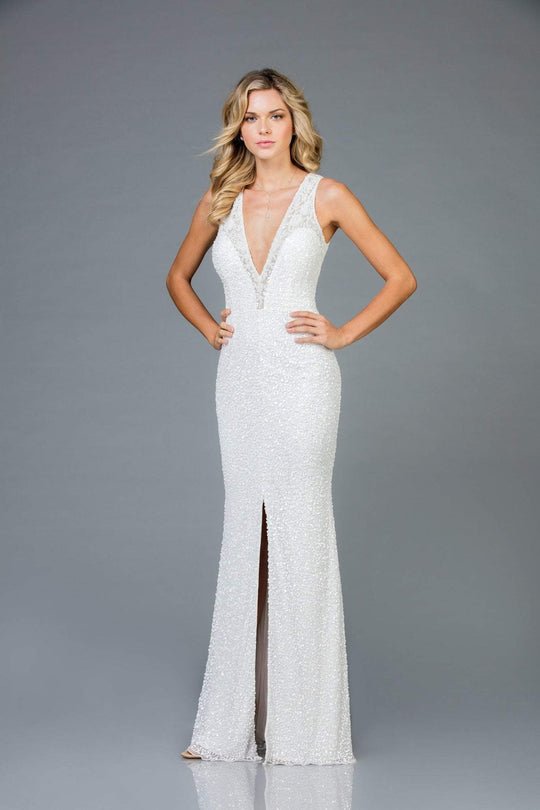 Scala - 48984 Sequined Deep V-neck Sheath Dress In White