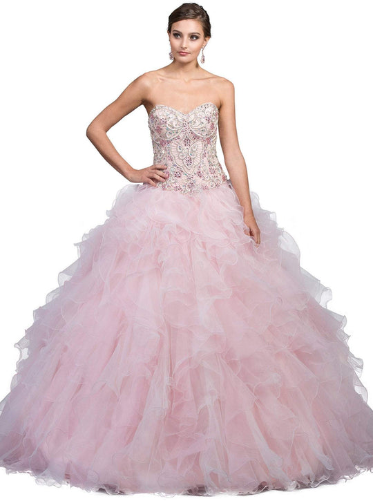 Dancing Queen - 1210 Strapless Jeweled Sweetheart Ruffled Quinceanera Ballgown In Pink