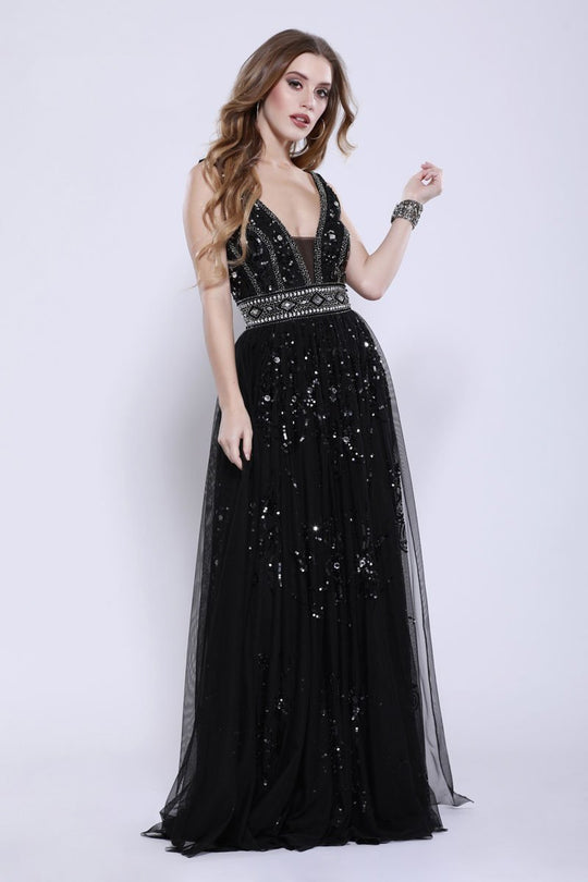 Shail K - 12103 Plunging V-Neck Embellished Tulle Gown In Black