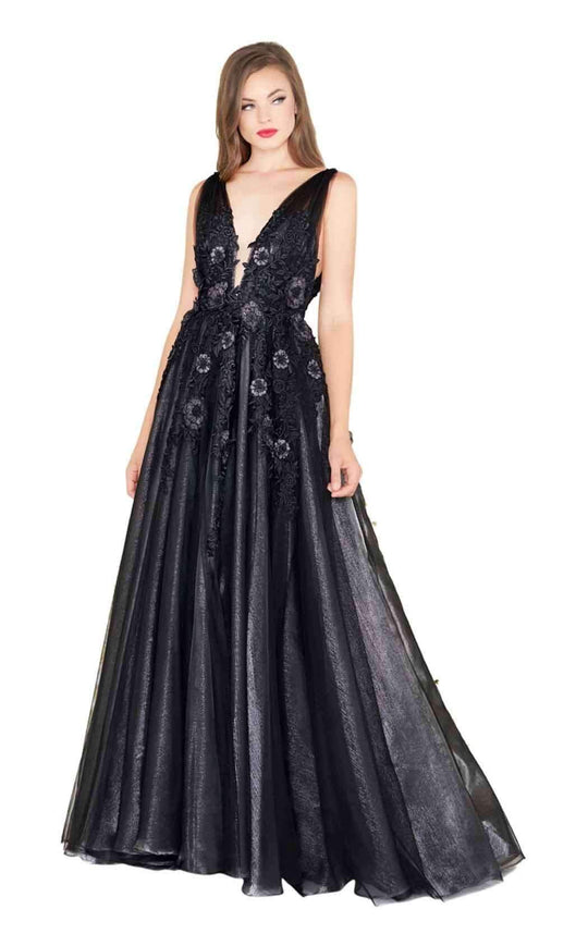 Mac Duggal Black White Red - 12104R Embroidered V-neck Organza Ballgown In Black