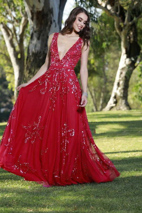 Shail K - 12110 Sequined Deep V-neck A-line Dress In Red