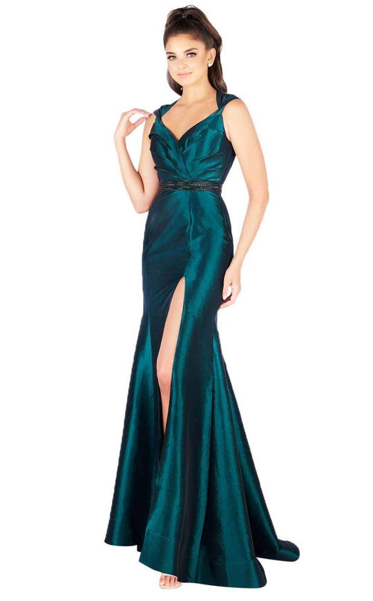 Mac Duggal Flash - 12118L Cap Sleeve Queen Anne High Slit Gown in Green