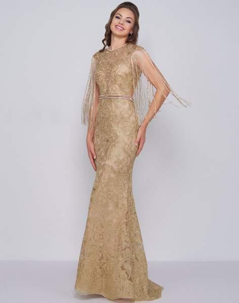 Mac Duggal Prom - 12162M Bead-Fringed Sleeve Gilded Sheath Gown In Gold