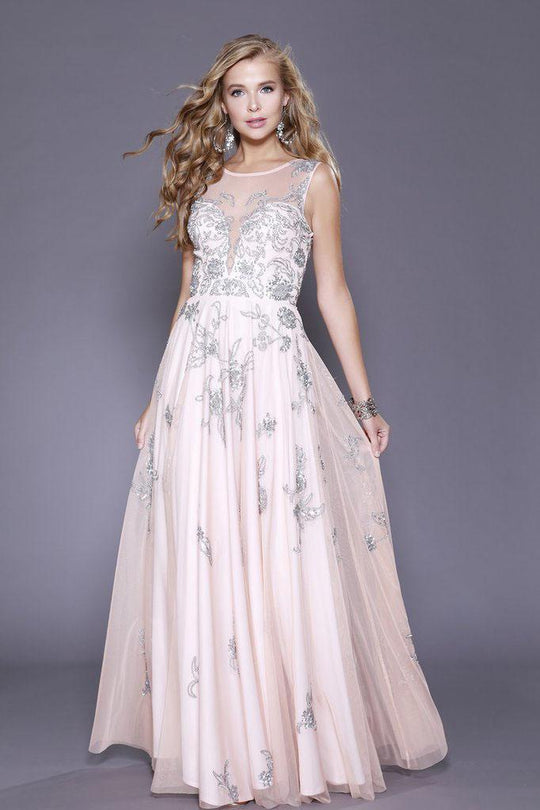 Shail K - 12119 Illusion Scoop Neck Embellished Gown In Neutral, Pink