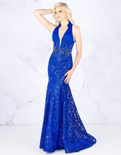 Cassandra Stone - 12137A Collared Plunging Halter Sequined Gown In Blue