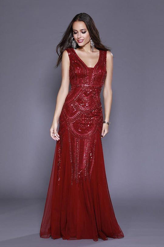 Shail K - 12130 Aztec Pattern Studded V-Neck Prom Dress In Red