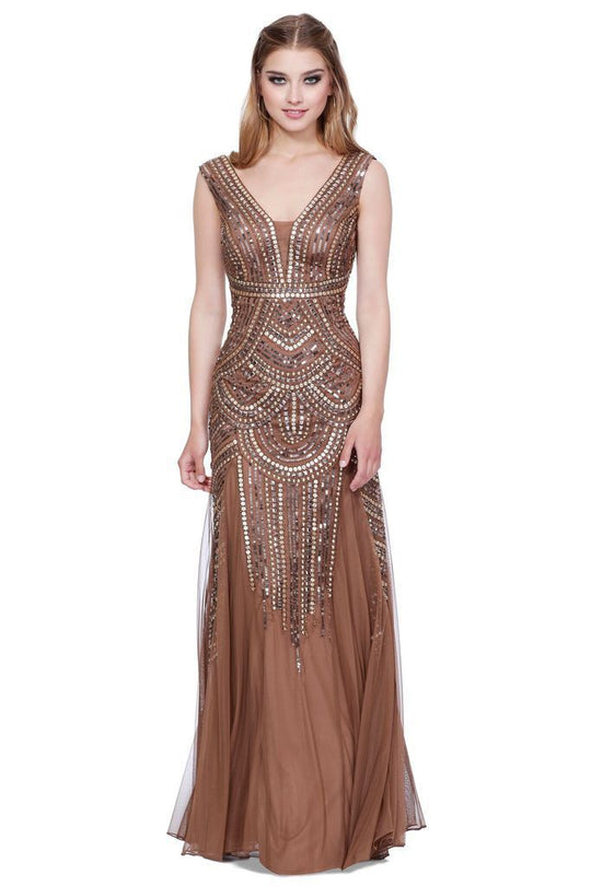 Shail K - 12130W Embellished V-neck Trumpet Dresss In Brown