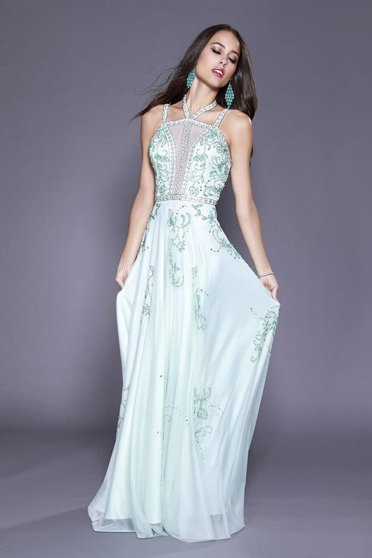 Shail K - 12133 Embellished Halter A-line Dress In Green