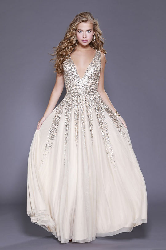 Shail K - 12134 Plunging V-Neck Sequined Tulle Gown In Gold
