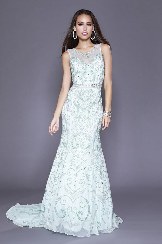 Shail K - 12135 Embellished Illusion Jewel Trumpet Dress In Green