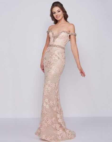 Mac Duggal Prom - 12159M Jewel-Trimmed Off Shoulder Embroidered Gown In Pink