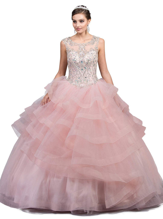 Dancing Queen - 1214 Crystal Embellished Ruffled Quinceanera Gown in Pink