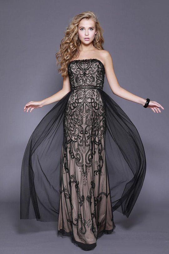 Shail K - 12140 Strapless Straight Beaded Sheath Gown In Black and Neutral