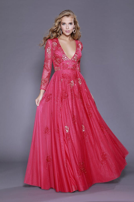 Shail K - 12142 Long Sleeve Sequin Embellished Evening Dress In Red