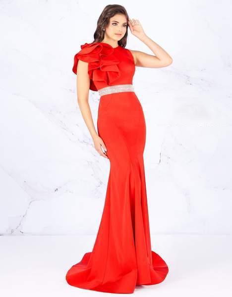 Cassandra Stone - 12167A Ruffled Jewel Fitted Evening Gown In Red