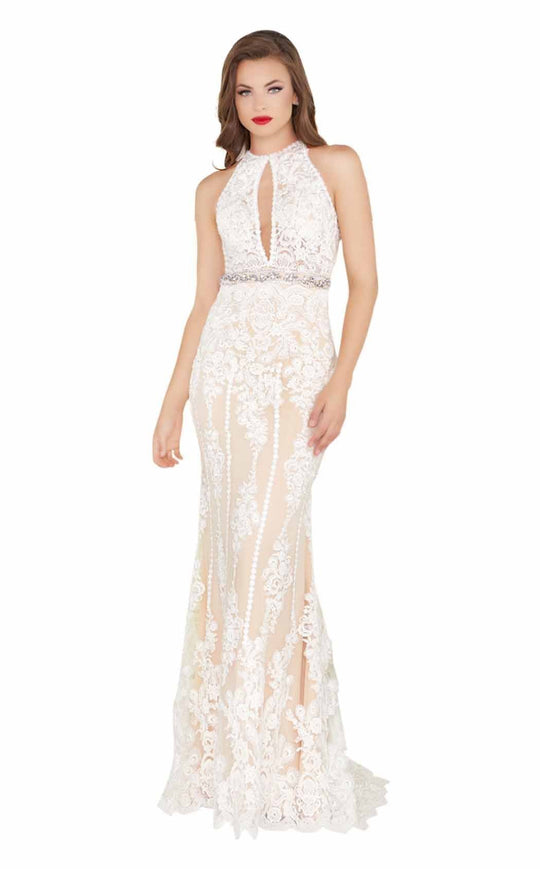 Mac Duggal Black White Red - 12150R Fully Lace Halter Sheath Dress In White and Nude