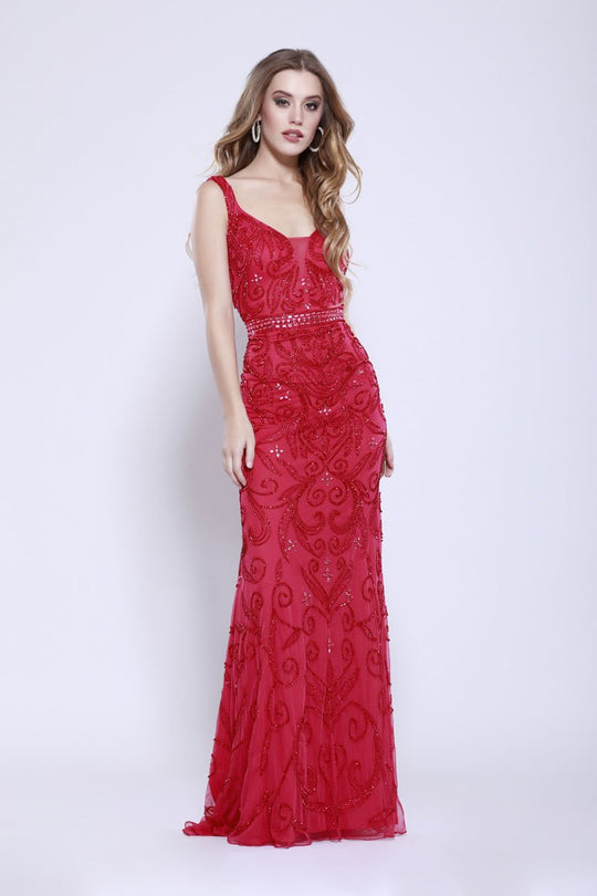 Shail K - 12156 Embellished Plunging Evening Dress In Red