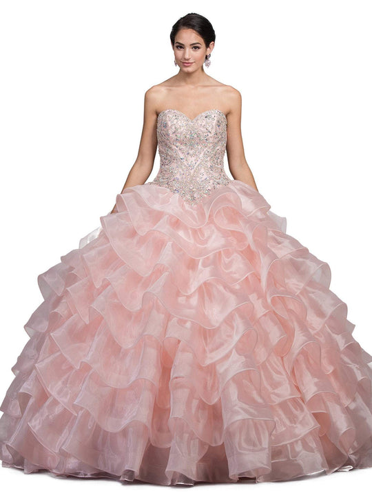 Dancing Queen - 1216 Strapless Bedazzled Sweetheart Ruffled Quinceanera Ballgown In Pink