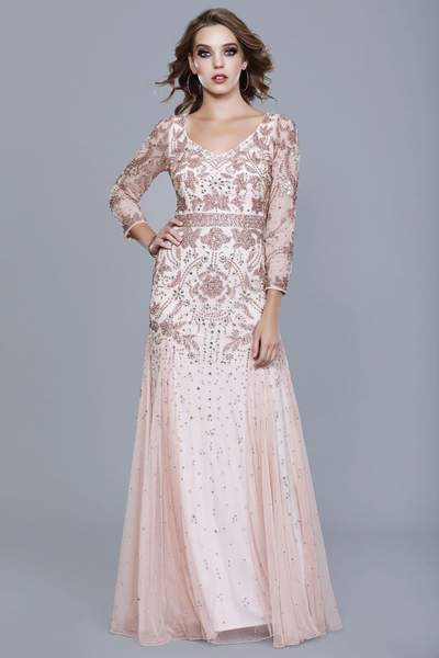 Shail K - Bejeweled Long Sleeve V-neck A-line Dress 12162 In Pink