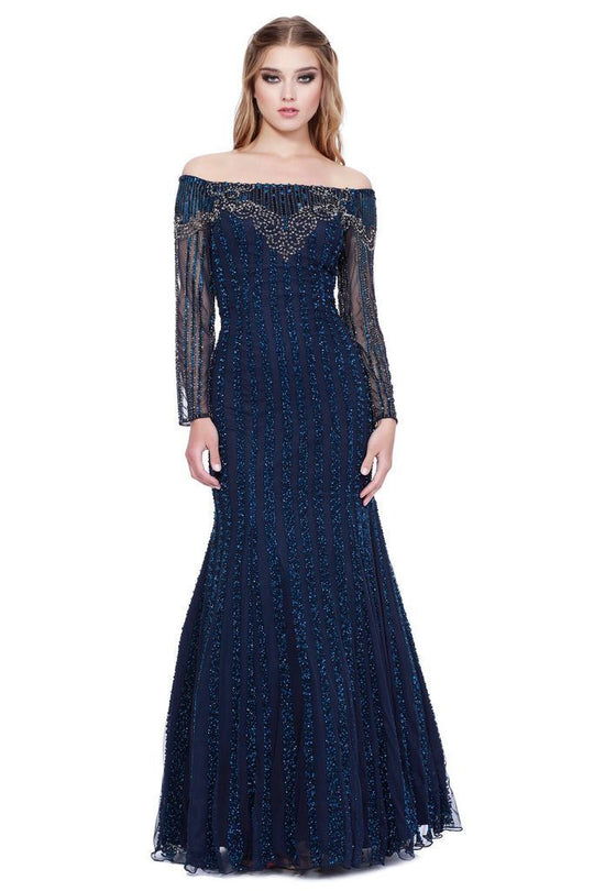 Shail K - 12165W Embellished Long Sleeve Off-Shoulder Mermaid Dress In Blue and Gray