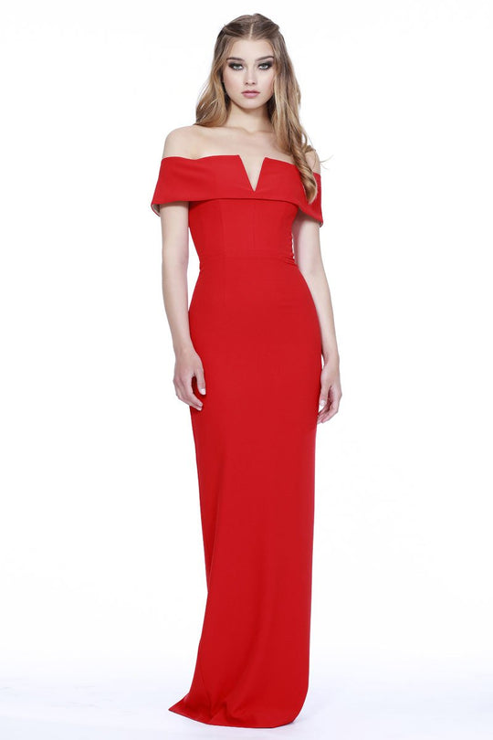 Shail K - 31915L Long Off-Shoulder Sheath Spandex Dress in Red
