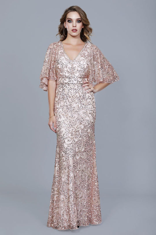 Shail K - 12178 Sequined V-neck Tulle Sheath Dress in Pink