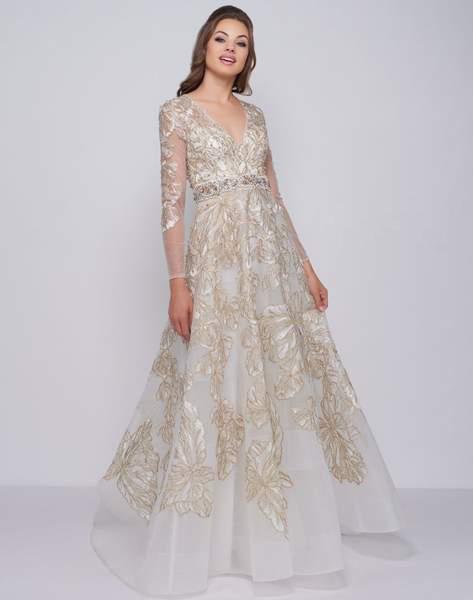 Mac Duggal Prom - 12179M Metallic Floral Embroidered Long Sleeve Gown In White and Gold