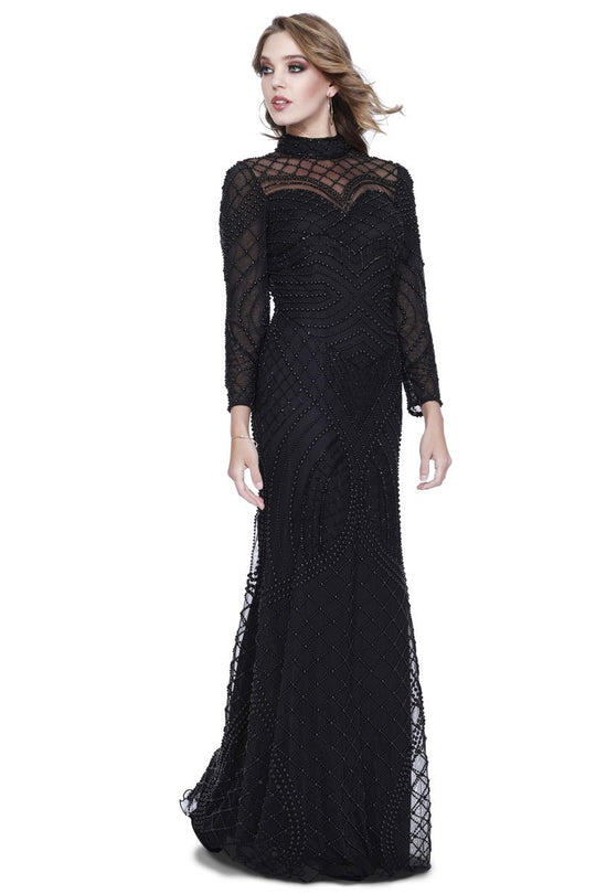 Shail K - 12179 Fully Embellished High Neck Sheath Gown in Black