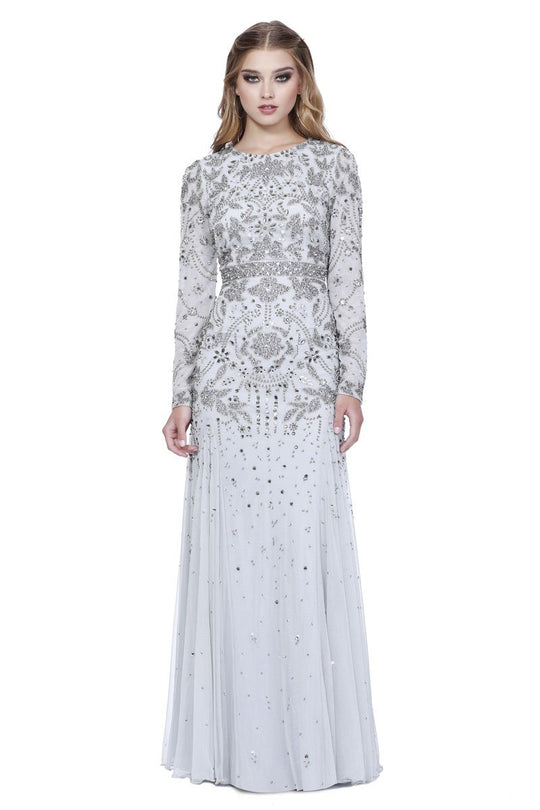 Shail K - 12185 Embellished Trumpet Dress With Hijab in Silver