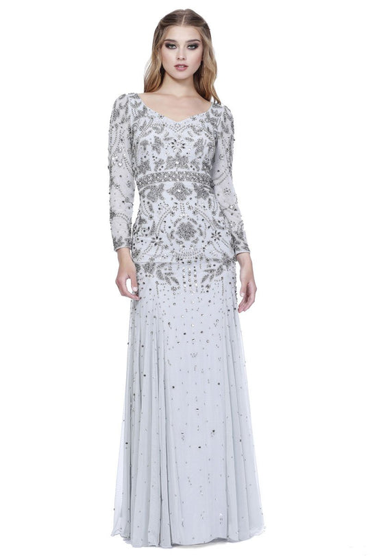 Shail K - 12162 Bejeweled Long Sleeve V-neck A-line Dress in Silver