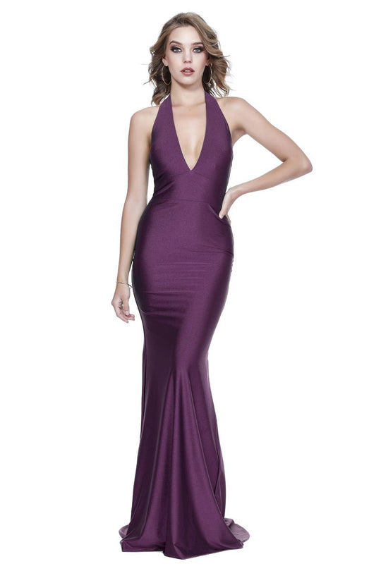 Shail K - 33945 Halter V-neck Spandex Trumpet Dress in Purple