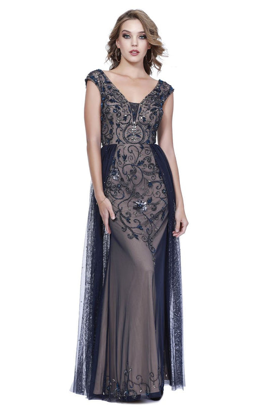 Shail K - 12186 Embellished V-neck Tulle Sheath Dress in Blue and Neutral