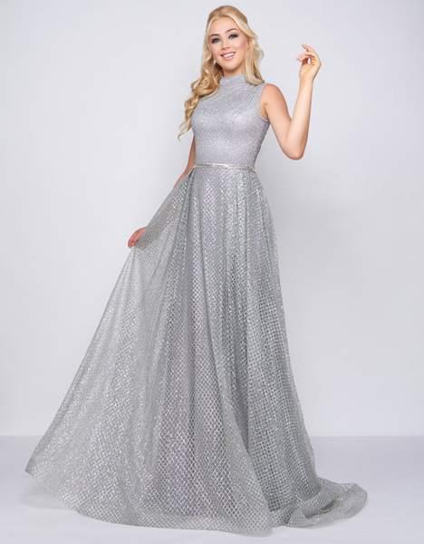Mac Duggal Couture - 20090D Embellished High Neck Dress With Train In Silver