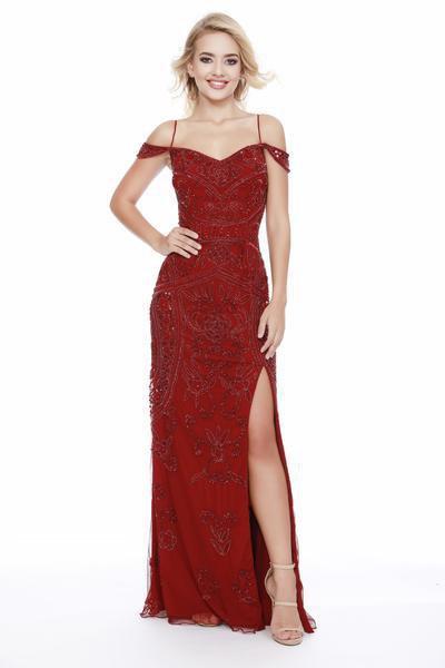Shail K - 12198 Sequined Off-Shoulder Evening Gown with Slit In Red