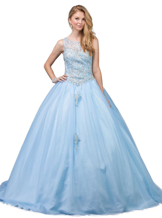 Dancing Queen - 1220 Embellished Illusion Bateau Quinceanera Ballgown In Blue