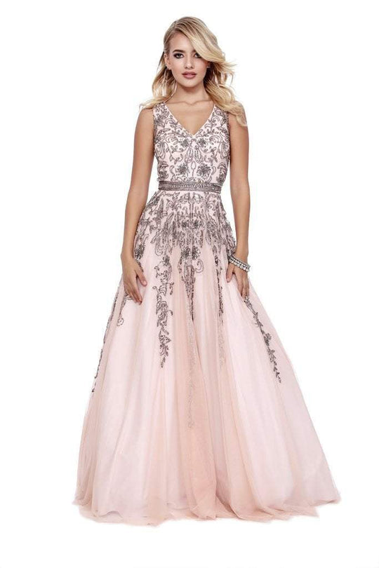 Shail K - 12201 Beaded and Sequin Ornate Tulle A-Line Prom Gown In Pink and Gray