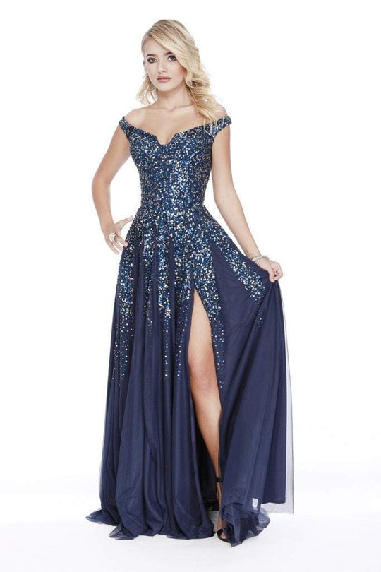 Shail K - 12202 Off Shoulder Sequin Embellished High Slit Prom Dress In Blue