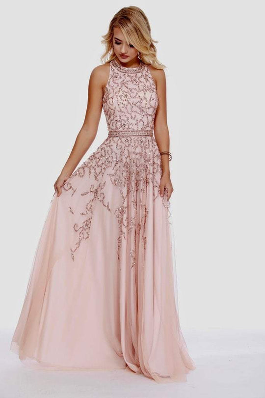 Shail K - 12205 Sequined Halter Tulle A-line Dress In Pink