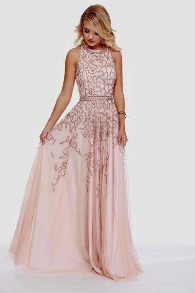 Shail K - Sequined Halter Tulle A-line Dress 12205 In Pink