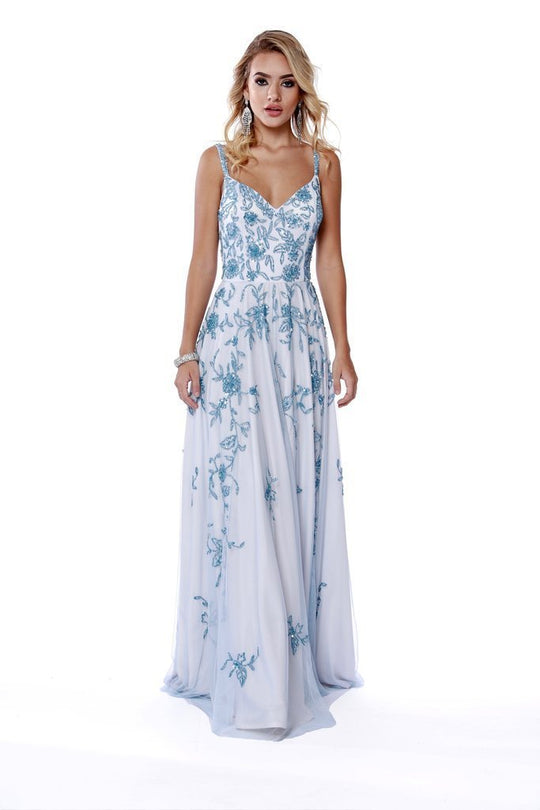 Shail K - 12206 Sequined Plunging V-neck Tulle A-line Dress In Blue