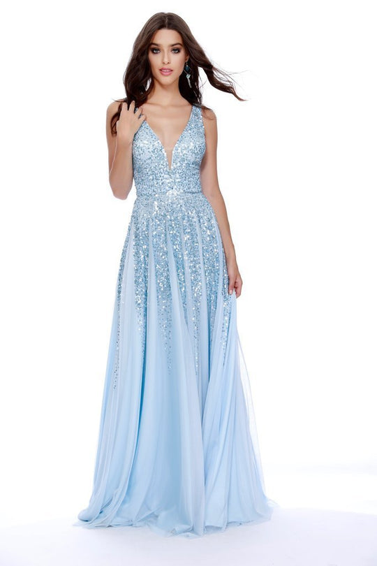 Shail K - 12207 Sequin Embellished V Neck A Line Gown In Blue