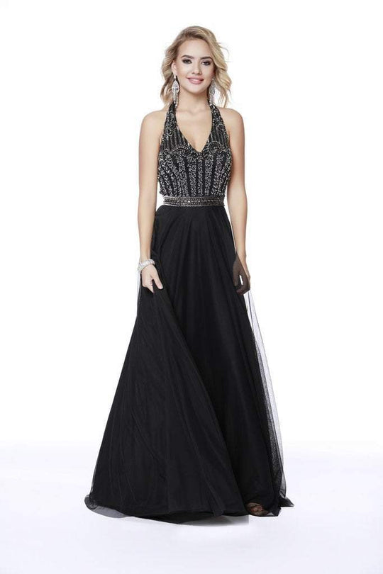 Shail K - 12208 Embellished Halter V-neck Tulle A-line Dress In Black