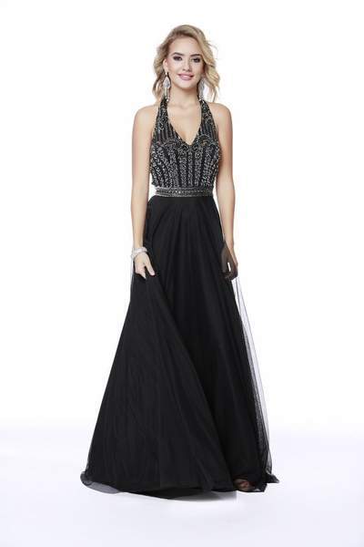 Shail K - Embellished Halter V-neck Tulle A-line Dress 12208 - 1 pc Black In Size 8 Available In Black