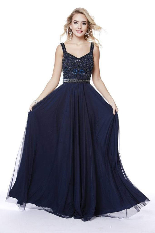 Shail K - 12213 Embellished V-neck Tulle A-line Dress In Blue