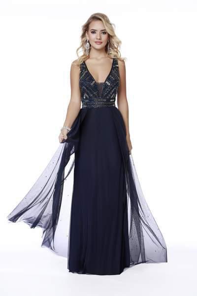 Shail K - 12216 Geometric Beaded Sheer Overskirt Gown In Blue