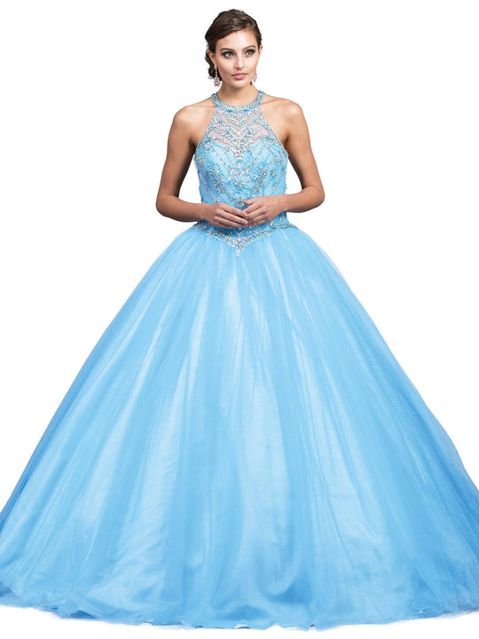 Dancing Queen - 1222 Jewel Adorned Illusion Halter Ballgown In Blue
